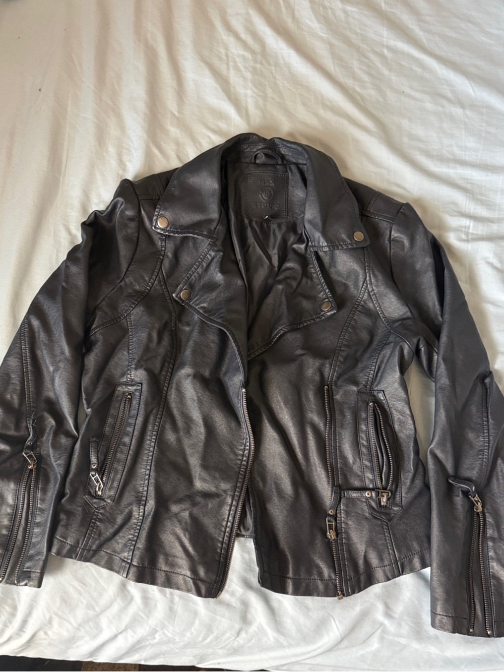 Max Studio Black Faux Leather Bomber Jacket